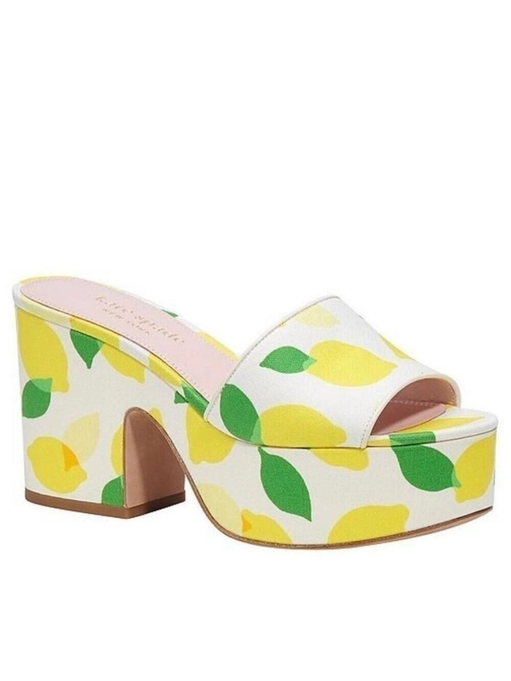 NIB Kate Spade Ibiza Printed Canvas Platform Sandals in Lemon Toss / Parchment